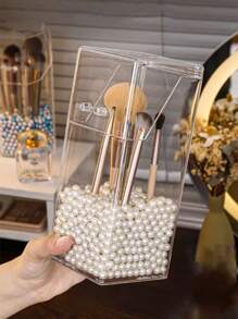 1pc Acrylic Storage Box (Faux Pearl Interior Not Included), Dustproof And Moistureproof Desktop Covered Storage Rack, Makeup Brush Holder, Storage Bucket, Pen Holder, Suitable For Office, Dressing Table, Home And Travel ,Jewellery Box,Pouch,Makeup Brush Holder,Brush Holder,Perfume Organiser,Pouch Bag,Gifts For Women,Christmas Gifts,Gift Ideas For Women,Room Decor - White - View 3