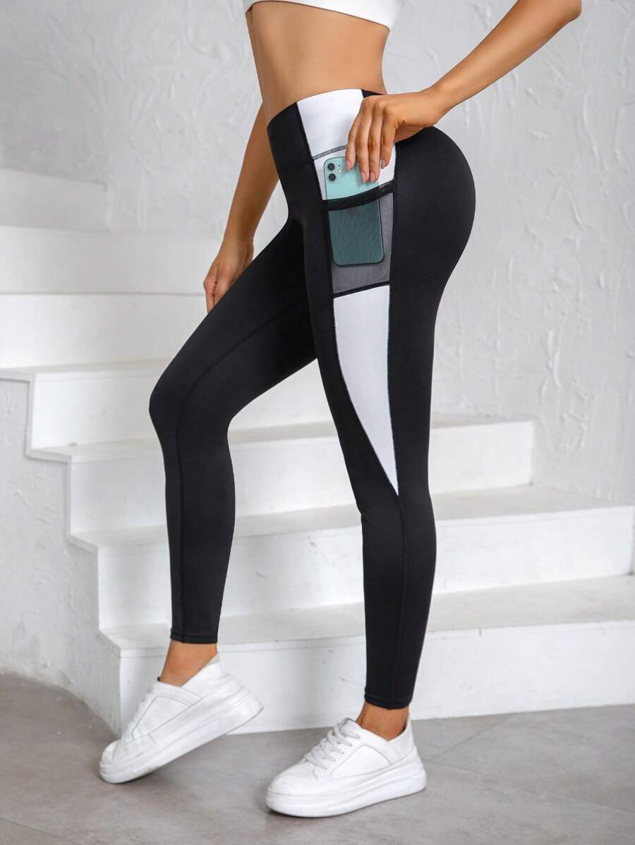 Women's High Waist Contrast Color Pocket Casual Fitness Leggings Sports - Black - View 1