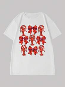 Oversize White T-Shirt, Red Crawfish Graphic T-Shirt, Gift For Crawfish Lover, Bowknot Crawfish Element, Fun Festival Shirt, Carnival Party Shirt, Mardi Gras Shirt, Fat Tuesday Shirt, Crawfish Tee, Suitable For All Ages, Wear For Gathering, Daily, Travel - White - View 6
