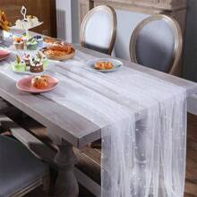1pc Faux Pearl Decor Table Runner, Wedding White Pearl Tulle Tablecloth, Wedding Arch Decoration Reception Bridal Shower, Party Decoration, Chair Streamer, Event Background Wall Decor,Christmas