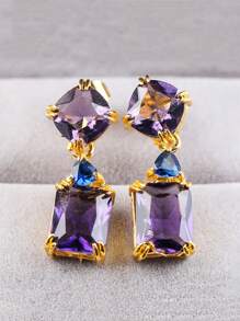 1pair Elegant Purple Colour Double Zirconia Earrings, Fashion Elegant Ladies Earrings, Suitable For Attending Banquets, Parties To Wear - bông tai - Xem 3