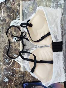 Plus-Size Women White Front-Closure Halter Lace Lingerie Bras With Gather Breast Function, Anti-Sag, Suitable For Small Bust