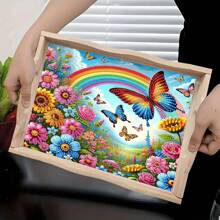 DIY Diamond Painting Kit With Tray, Luxury Rainbow Butterfly Design - Asymmetrical Acrylic Diamonds, Cartoon Theme Wooden Craft Tray Suitable For Family Gatherings, Breakfast Decor, Coffee, Tea, Storage, Party Supplies, Home Decor