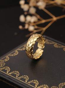 1pc 18k Gold-Color Titanium Steel Wheat Twist Ring, Non-Fading Open Band Ring, Fashionable Versatile, Suitable For Women Everyday Wear & Party Gift