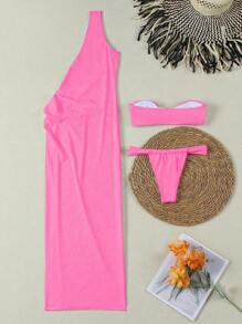 3pcs/Set Elegant Solid Color Bikini Swimsuit & Dress Set, Sexy European Style