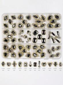 1Box 60PCS Gold Alloy Nail Gems With Black Rhinestones, Hypoallergenic Nail Crystals Nail Charms Set. Heart, Octagon, Marquise, Teardrop. Salon-Grade Nail Jewelry Kit For DIY Bridal Party Nail Art - 彩色 - 查看 8