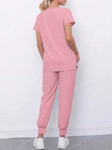 Ensemble uniforme pour femmes, Top à manches courtes col V et pantalon, style minimaliste convenant pour l'été