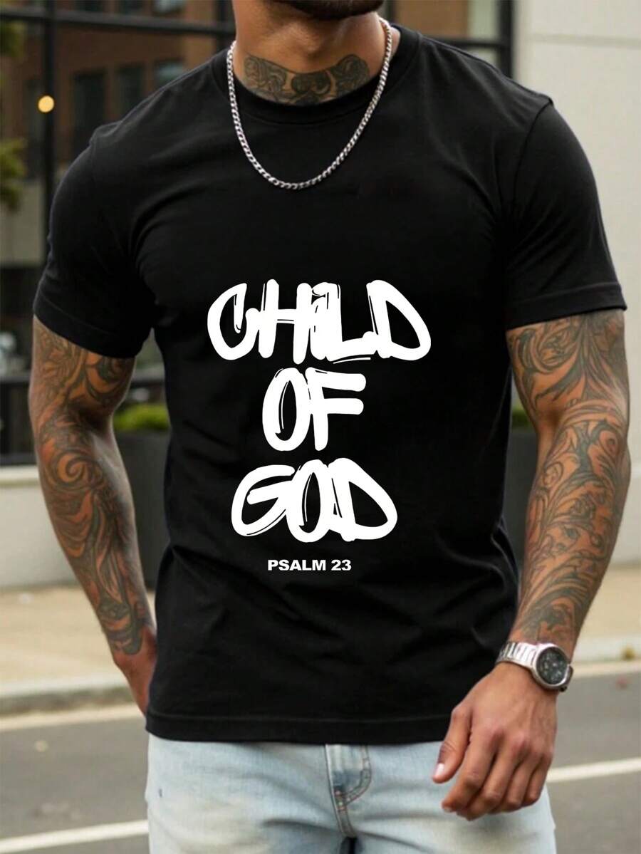 Camiseta negra de 100% algodón unisex con declaración religiosa, de cuello redondo y manga corta. Camisetas básicas y camisetas cortas gráficas, que son prendas de verano. - Negro - Ver 1