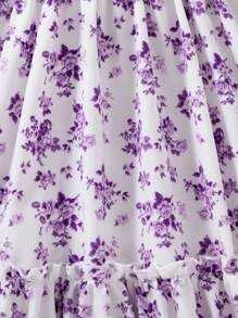 Young Girl Flower Print Sleeveless Bowknot Ruffle Hem Dress - Purple - View 7