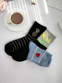 3 Pairs Women's Multi-Color Pineapple, Leaf, Apple Print Personalized Fashion Soft Comfortable Mid-Calf Socks, Suitable For Daily Wear
