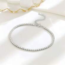925 Sterling Silver Tennis Bracelet For Women, Cubic Zirconia Sparkling 2mm Thin Adjustable Chain, Elegant Fashion Accessory, Valentine's Day Gift
