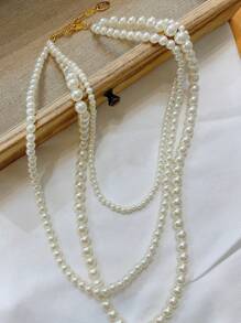 多层珍珠项链，奢华独特装饰长链项链，轻巧精致颈链项链吊坠，适合女士 - 白色 - 查看 2