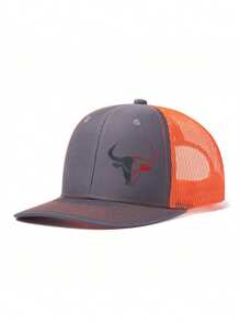 1pc Men Adjustable Breathable Baseball Hat With Patchwork Bull Print, Suitable For Outdoor Sports, Cycling, Fishing, Sun Protection