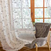 1 件透明叶子刺绣窗帘，带杆袋，花卉图案，适用于卧室和客厅