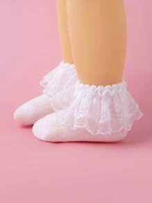 4 Pairs Baby/Toddler Girls Solid Color Lace Trim Mesh Breathable Soft Socks, Suitable For Daily Wear Or Valentine's Day Outfit - White - View 9