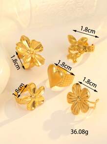 5pcs Stainless Steel Fashionable Exaggerated Golden Flower Heart And Other Shapes Ring Set, Suitable For Ladies To Wear Daily Or Give As Gifts
