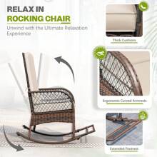 3 Pieces Patio Conversation Set, Outdoor Rocking Chair, Wicker Bistro Set, Outdoor Patio Furniture, Porch, Backyard, Bistro. - Beige - View 6