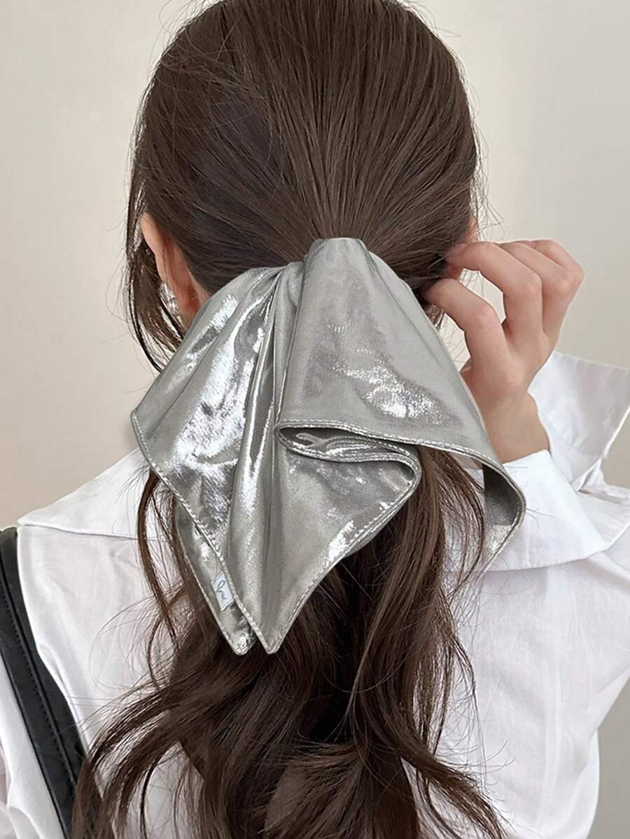 Silver Leather Scrunchie Hair Tie, Strong Grip Ponytail Holder Accessories