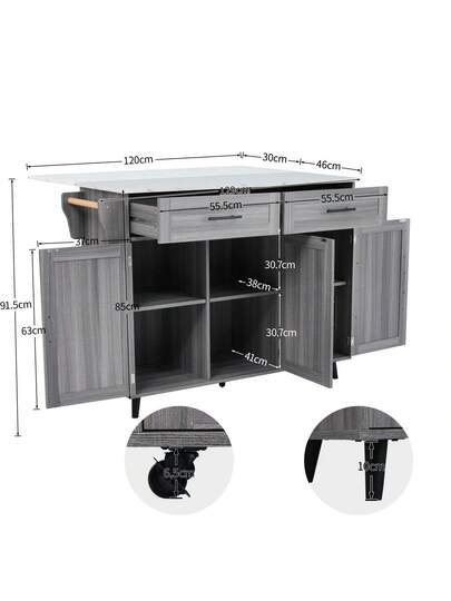 Kitchen Isl 129 71 91.5 Cm, Mobile Folding Tabletop, Drawers Storage Spaces, Trolley Metal Support Frame Height Adjustable Shelves, Kitchen, Dining Room view 4