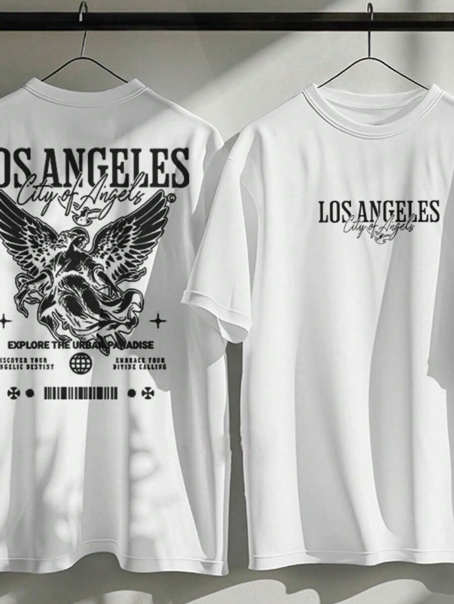 Basic 100% Cotton T-Shirt Los Angeles Angel Wings Print Fashion Streetwear New Release - trắng - Xem 1