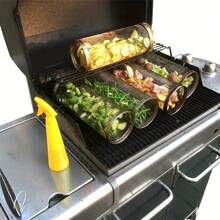 1pc Stainless Steel Round Barbecue Grill Mesh Basket With Rolling Design For Outdoor Bbq Smoking And Portable Use