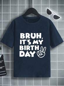 Tween Boy Casual Graphic Print Crew Neck Short Sleeve T-Shirt, Summer Top - Navy Blue - View 1