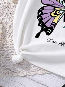 2pcs/Set Tween Girls Butterfly Print Short Sleeve Top And Skirt