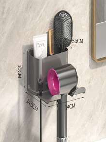 1pc No-Drill Wall Mounted Dual Compartment 2-In-1 Hair Dryer Holder & Storage Rack, Bathroom Organizer