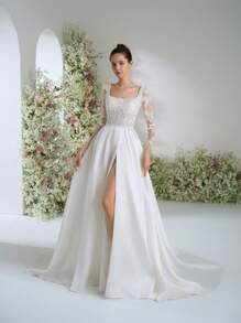 Elasola Glamorous Square Neck Beaded Lace Floral Lace Patchwork Satin Split Thigh Garden Party Sheer Long Sleeve Palace Style Wedding Dresses For Bride With Train