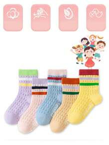5 Pairs Girls Thin Breathable Mesh Net Socks, Kid/Youth Rainbow Ankle Socks For Spring, Autumn - Multicolor - View 2