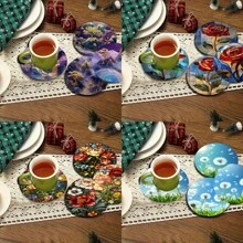 4pcs Natural Vibrant Floral Pattern Themed Wooden Anti-Slip, Heat-Resistant, Protective Table Mats, Suitable For Library Decor Or Theme Party