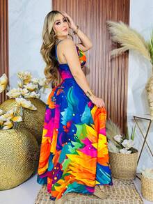 Maxi vestido tirantesEstampado IntegralPlantasHojaBohemioEleganteTela no tejidaAbertura altaABERTURASVestido largoPlayaJardínCalle - Abstracto colores - Ver 8