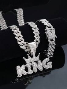 2pcs Men's Hip Hop Style King Letter Pendant Necklace Simple Design Rock Band Jewelry For Men - Set - View 1