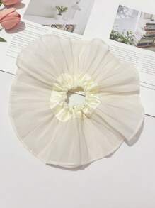 1pc Blue Striped Ruffle Cream Satin Scrunchie, Large Size High Elasticity Wrinkled Double Layer Hair Ties, Elegant Stylish Sweet Hair Accessories For Women