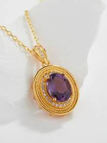 1pc Exquisite Vintage S925 Silver 18K Gold Plated, Meticulously Inlaid February Amethyst Crystal Pendant Necklace, Suitable For Women To Wear On Festivals And Parties, Comes In A Delicate Gift Box - Gold - View 8