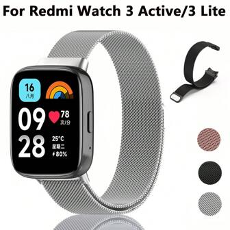 米兰尼斯表带适用于 Redmi Watch 3 Active/3 Lite 智能手表替换金属表带高品质不锈钢表带可调节磁扣舒适贴合适合日常使用
