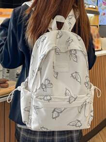 1pc White Nylon Casual Lightweight Butterfly Allover Print Large Capacity Foldable Water-Resistant Multipocket Zipper Backpack, Suitable For Teenagers, High School & College Students, Daily Commute, Travel, Graduation Gift