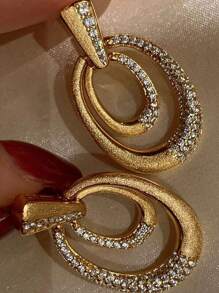 1 pieza Pendientes ovalados con strass en estilo vintage italiano, joyas de oreja europeas de lujo de doble capa, adecuados para uso diario, fiestas, vacaciones, como regalo para mujeres