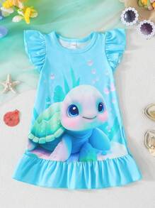 2pcs Baby Girl Summer Cap Sleeve Cartoon Turtle Print Dress Set - Multicolor - View 5