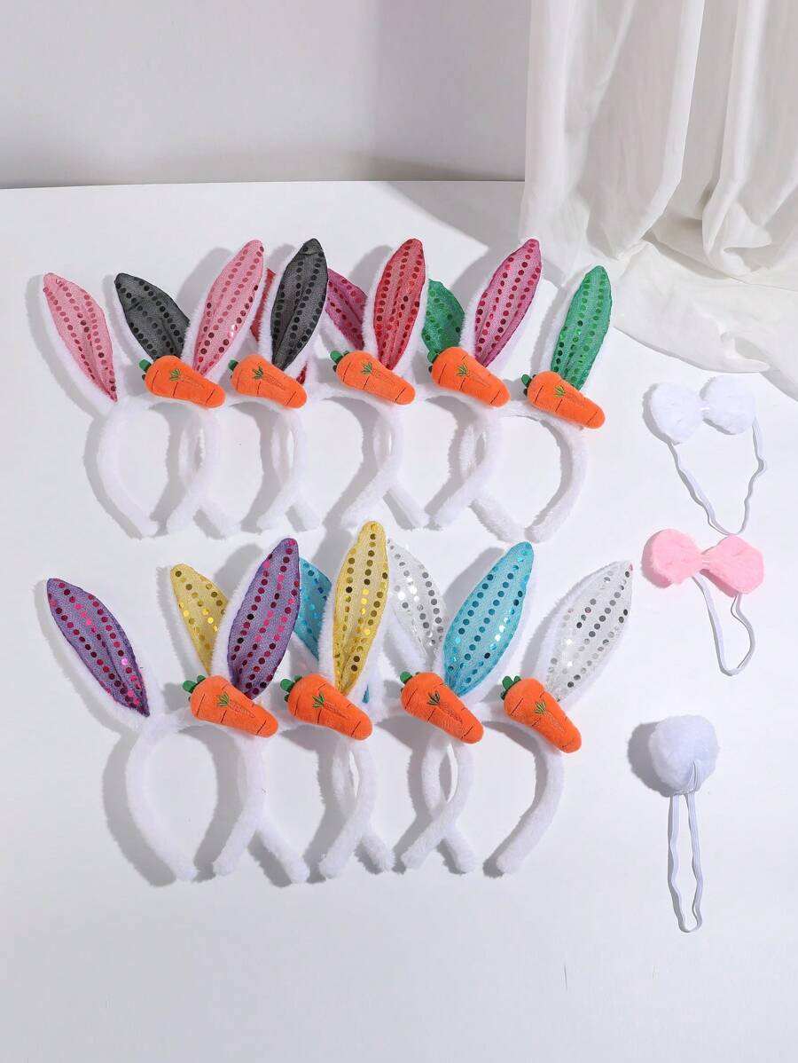Plush Rabbit Headband, Adorable Fashionable Versatile Party Hair Accessory, Cartoon Carrot Rabbit Ear Headband Hair Clip, Minimalist Solid Color - Multicolor - View 1