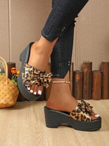 Women's Plus Size Wedge Thick Sole Open Toe Leopard Print Bow Embellished Slide Sandals