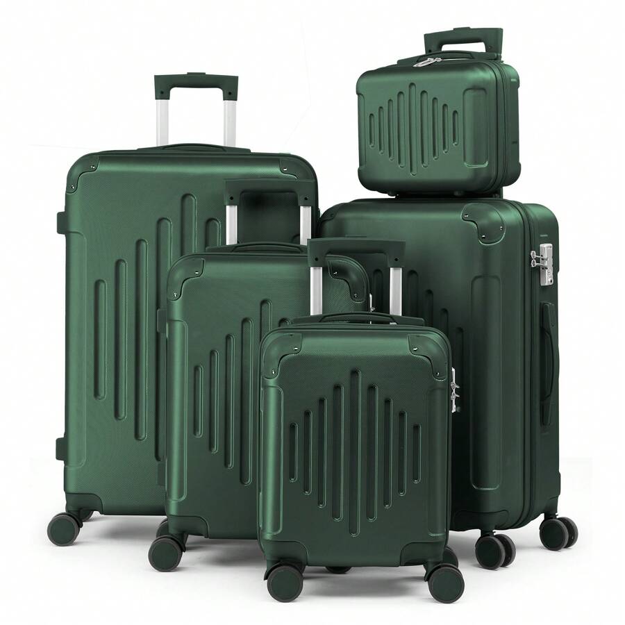 5 Piece Suitcase Set With Corner Protectors, 12/16/20/24/28 Inch Durable Hard Shell 360 Degree Spinner Wheels Large Capacity Multifunctional Lightweight Travel Suitcase - 墨綠色 - 查看 1