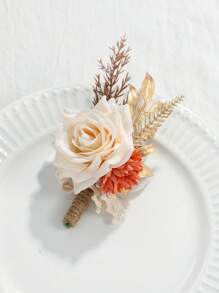 1pc Champagne Rose With Orange Daisy Faux Floral Boutonniere, Suitable For Groom, Bride, Wedding Decoration, Banquet, Party, Events