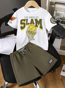 Tween Boy Letter Print Short Sleeve T-Shirt And Shorts Set - White - View 1