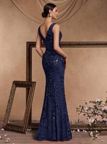 Elisanya Elegante vestido de noche de lujo con cola de sirena y escote en V con lentejuelas, vestido formal de alta calidad con estiramiento para banquete, boda, fiesta, vestido de madre de la novia (muy adornado), para invitados de boda