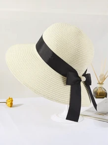 1pc Women's Wide Brim Sun Hat With Black Woven Band, Fashionable Straw Hat For Beach - Hat - View 5