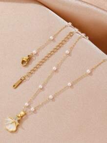 1 pieza Collar de cadena con perlas de color dorado y decoración de rhinestone con colgante minimalista de concha pequeña y estrella de mar para mujer