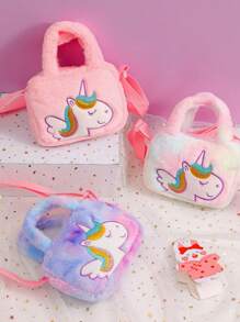 1pc Kid's Cartoon Plush Unicorn Crossbody Bag, Cute Shibori Dye Square Small Bag With Adjustable Strap For Coins, Accessories, Toys, Random Shibori Placement