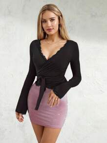 Womens Y2k Lace Sheer Mesh Crop Tops Long Sleeve Deep V Neck Cross Wrap Blouses Slim Fit Fairy Coquette T-Shirts - 黑色 - 查看 5