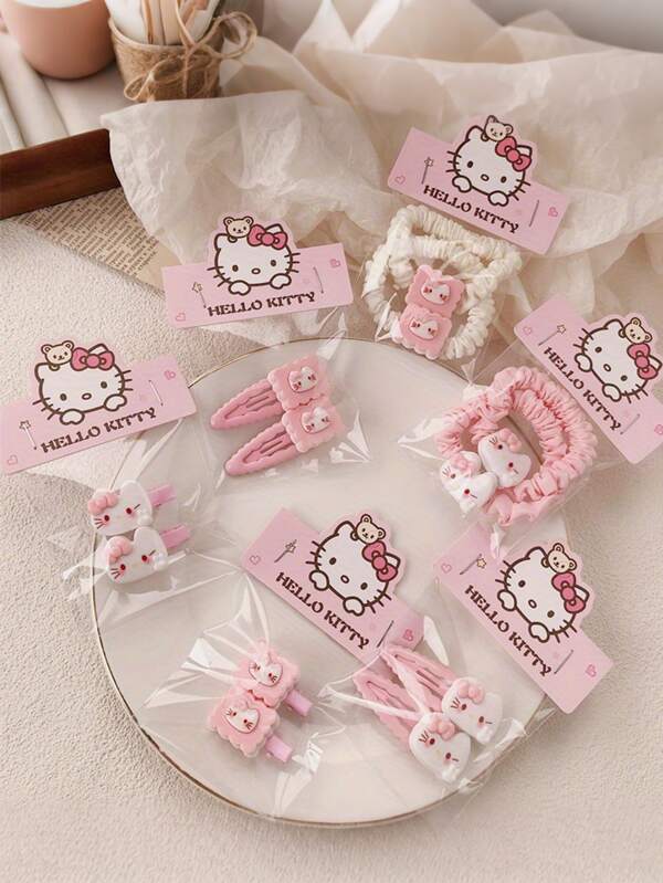 Sanrio Set de 12 pasadores para el cabello con motivo de Hello Kitty de Sanrio, de color rosa y con temática de gato, adecuados para peinados lindos y suaves, incluyendo diademas y ganchos para el flequillo